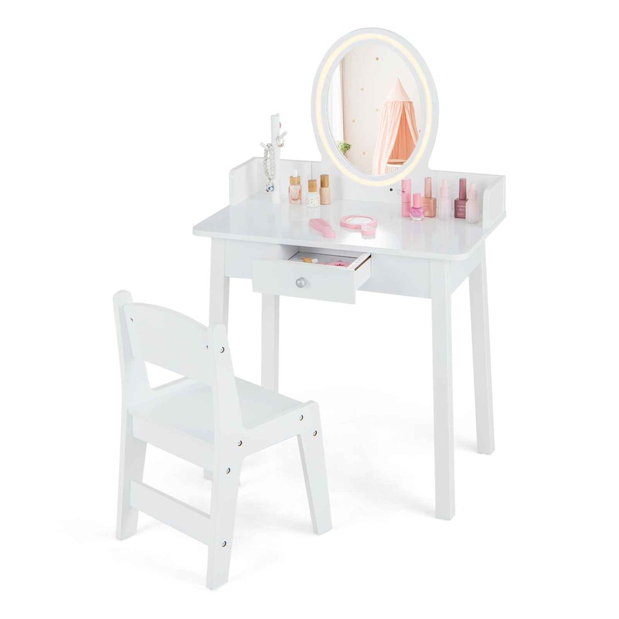 Costway Vanity Dressing Table Chair Set Makeup Beauty Study Desk w/2 Color Adjustable Lighted Mirror White