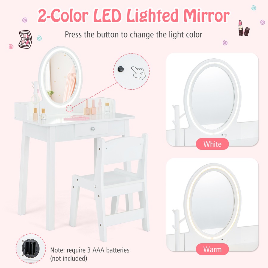 Costway Vanity Dressing Table Chair Set Makeup Beauty Study Desk w/2 Color Adjustable Lighted Mirror White