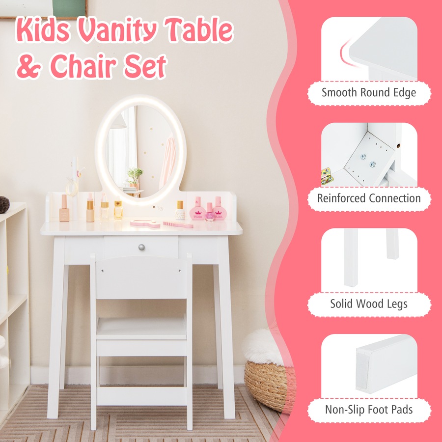 Costway Vanity Dressing Table Chair Set Makeup Beauty Study Desk w/2 Color Adjustable Lighted Mirror White