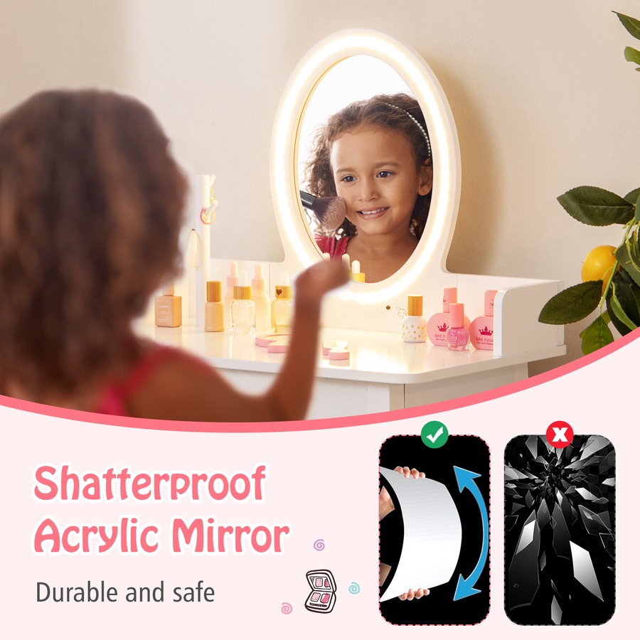 Costway Vanity Dressing Table Chair Set Makeup Beauty Study Desk w/2 Color Adjustable Lighted Mirror White