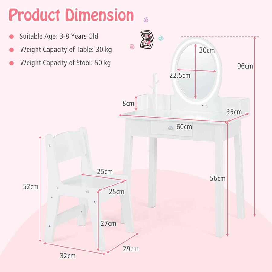 Costway Vanity Dressing Table Chair Set Makeup Beauty Study Desk w/2 Color Adjustable Lighted Mirror White