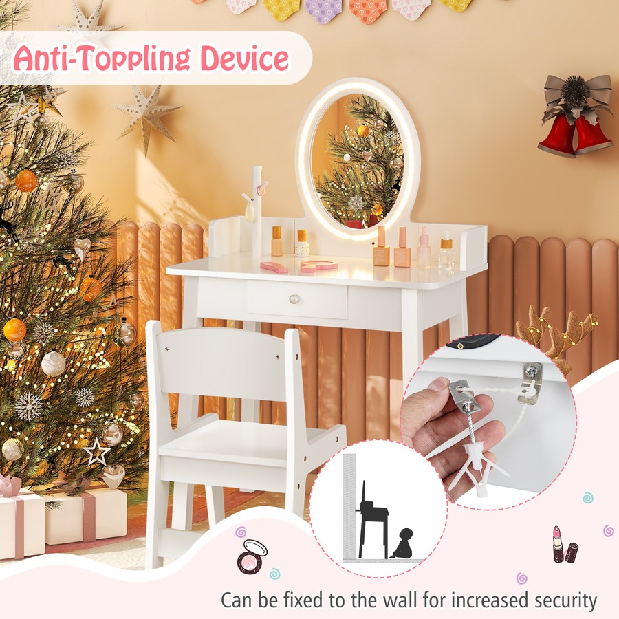 Costway Vanity Dressing Table Chair Set Makeup Beauty Study Desk w/2 Color Adjustable Lighted Mirror White