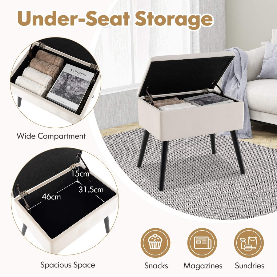 Costway Velvet Storage Ottoman Vanity Stool Flip Top Bench Padded Footrest Seat Chair Toy Blanket Storage Box Hallway Beige