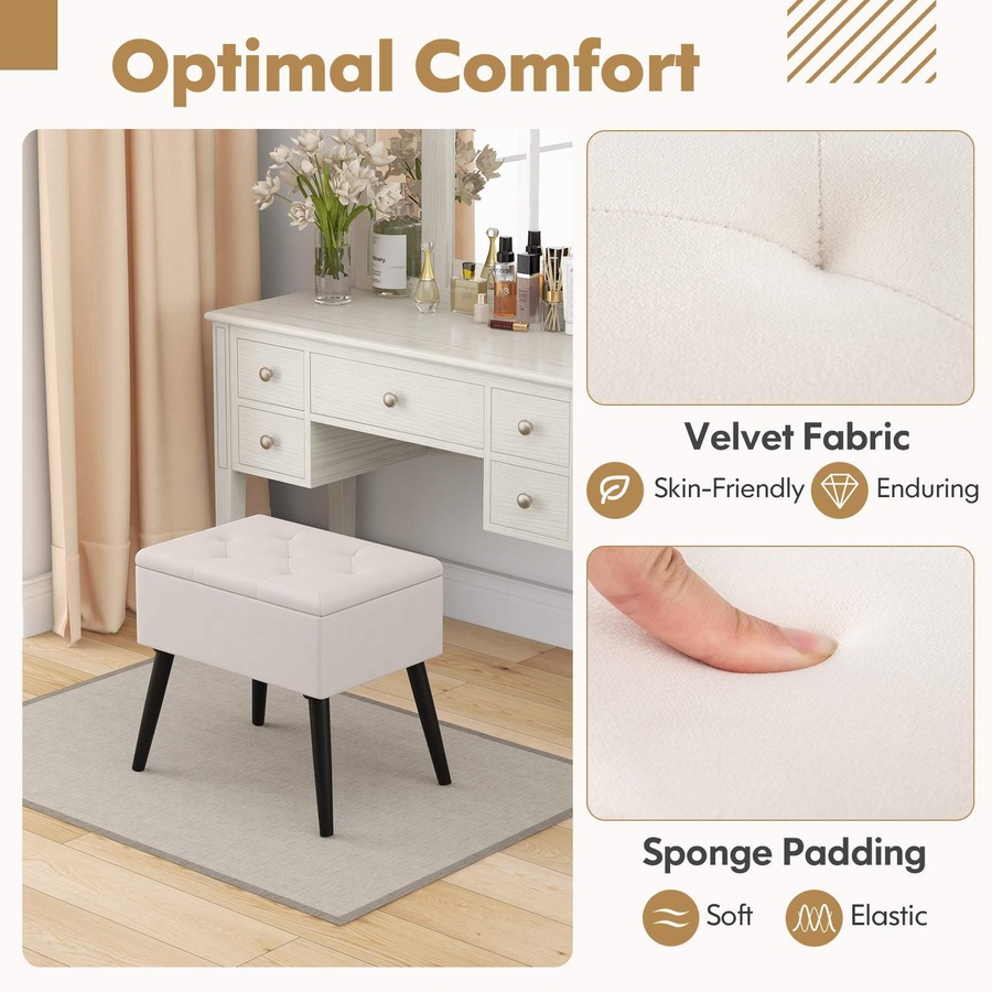 Costway Velvet Storage Ottoman Vanity Stool Flip Top Bench Padded Footrest Seat Chair Toy Blanket Storage Box Hallway Beige