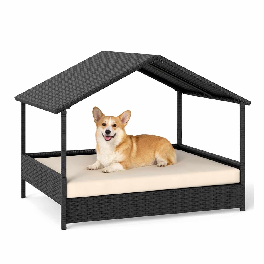 Costway Wicker Dog House Elevated Rattan Pet Bed for Small Medium Dogs w/Canopy & Removable Cushion 60KG Beige