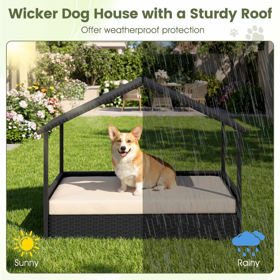Costway Wicker Dog House Elevated Rattan Pet Bed for Small Medium Dogs w/Canopy & Removable Cushion 60KG Beige