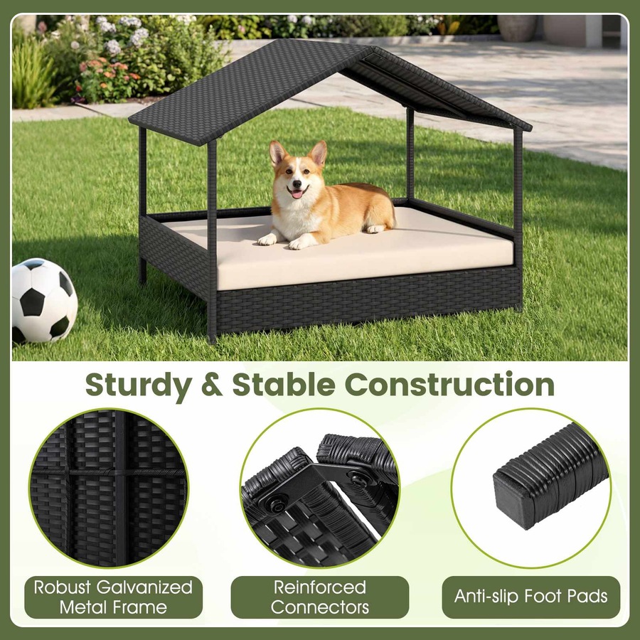 Costway Wicker Dog House Elevated Rattan Pet Bed for Small Medium Dogs w/Canopy & Removable Cushion 60KG Beige