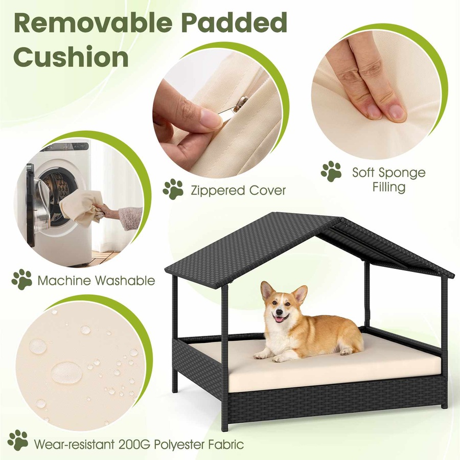 Costway Wicker Dog House Elevated Rattan Pet Bed for Small Medium Dogs w/Canopy & Removable Cushion 60KG Beige