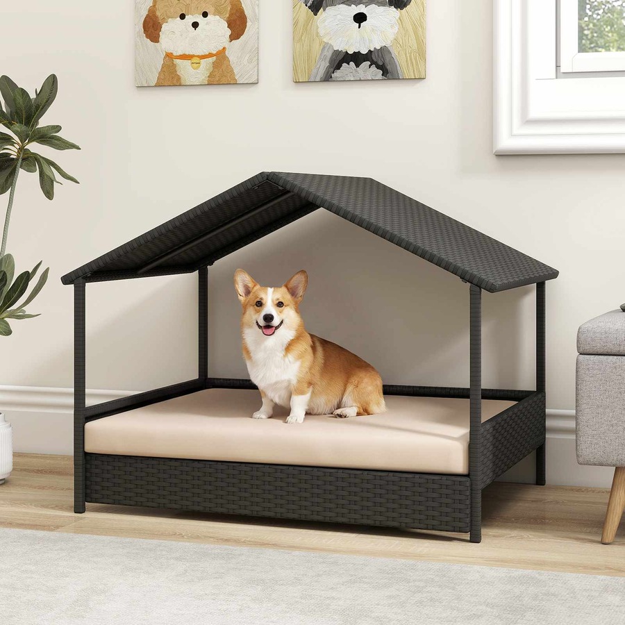 Costway Wicker Dog House Elevated Rattan Pet Bed for Small Medium Dogs w/Canopy & Removable Cushion 60KG Beige