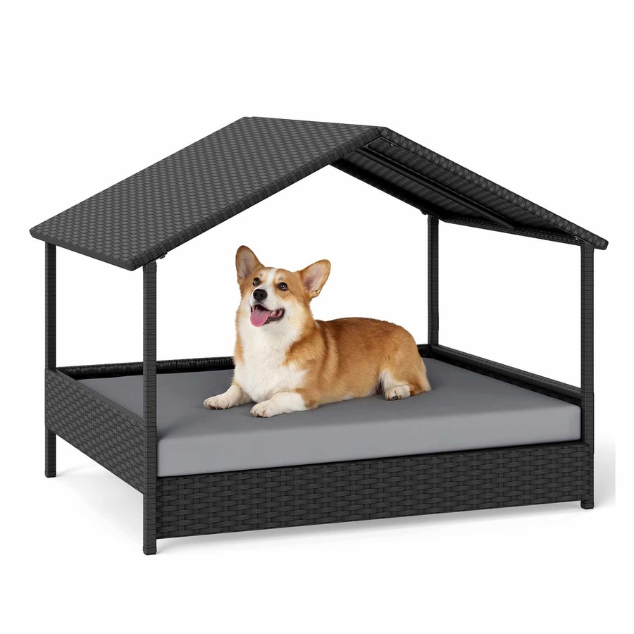 Costway Wicker Dog Bed House Elevated Rattan Pet Sofa Small Medium Dog Lounge Couch w/Canopy Removable Cushion 60KG Grey