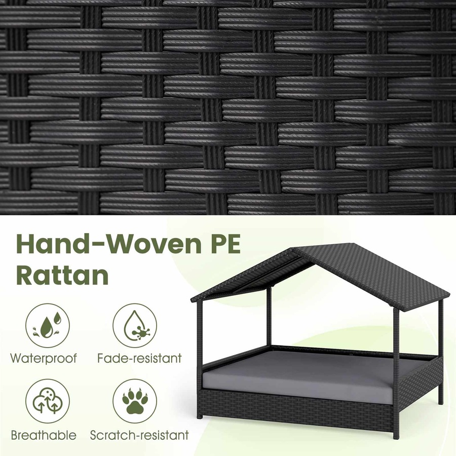 Costway Wicker Dog Bed House Elevated Rattan Pet Sofa Small Medium Dog Lounge Couch w/Canopy Removable Cushion 60KG Grey