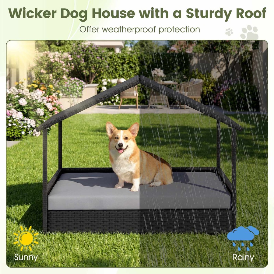 Costway Wicker Dog Bed House Elevated Rattan Pet Sofa Small Medium Dog Lounge Couch w/Canopy Removable Cushion 60KG Grey
