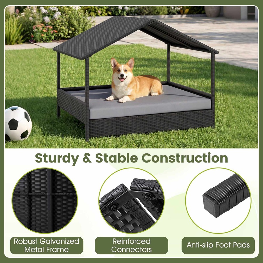 Costway Wicker Dog Bed House Elevated Rattan Pet Sofa Small Medium Dog Lounge Couch w/Canopy Removable Cushion 60KG Grey