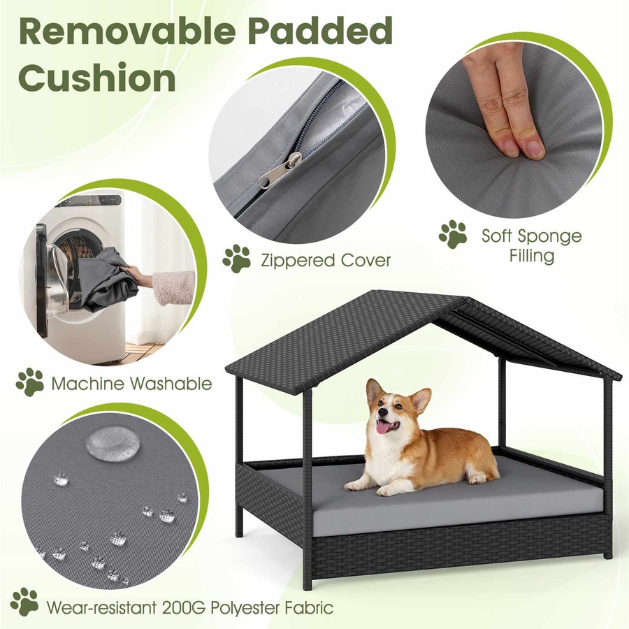 Costway Wicker Dog Bed House Elevated Rattan Pet Sofa Small Medium Dog Lounge Couch w/Canopy Removable Cushion 60KG Grey