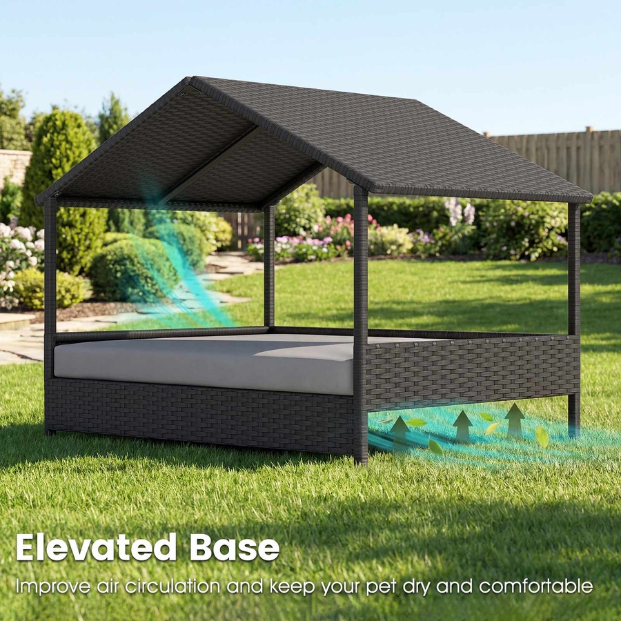 Costway Wicker Dog Bed House Elevated Rattan Pet Sofa Small Medium Dog Lounge Couch w/Canopy Removable Cushion 60KG Grey