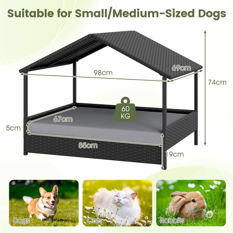 Costway Wicker Dog Bed House Elevated Rattan Pet Sofa Small Medium Dog Lounge Couch w/Canopy Removable Cushion 60KG Grey