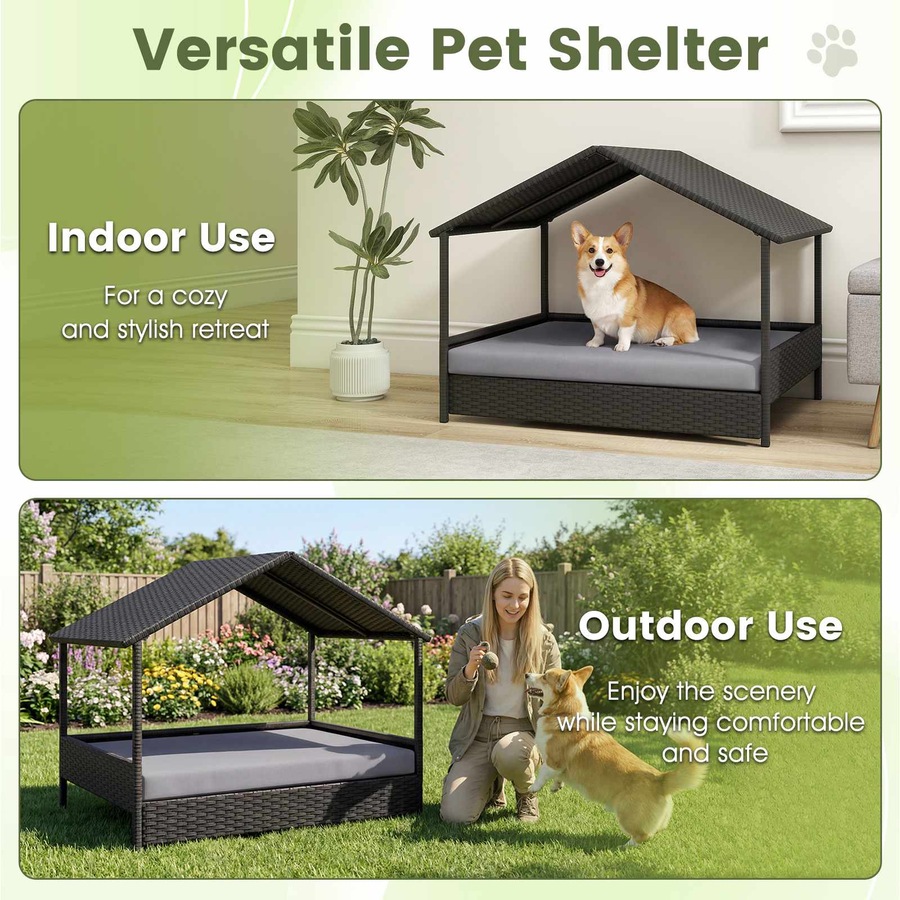 Costway Wicker Dog Bed House Elevated Rattan Pet Sofa Small Medium Dog Lounge Couch w/Canopy Removable Cushion 60KG Grey