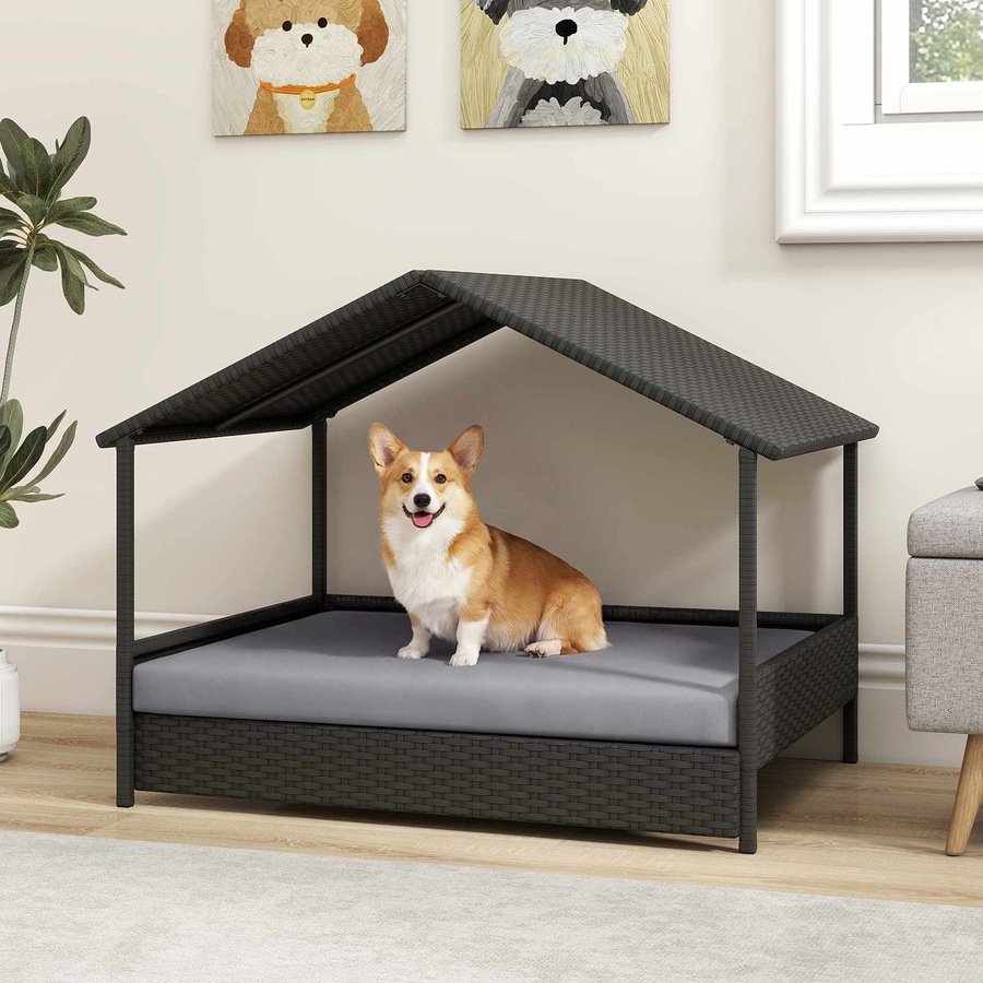 Costway Wicker Dog Bed House Elevated Rattan Pet Sofa Small Medium Dog Lounge Couch w/Canopy Removable Cushion 60KG Grey