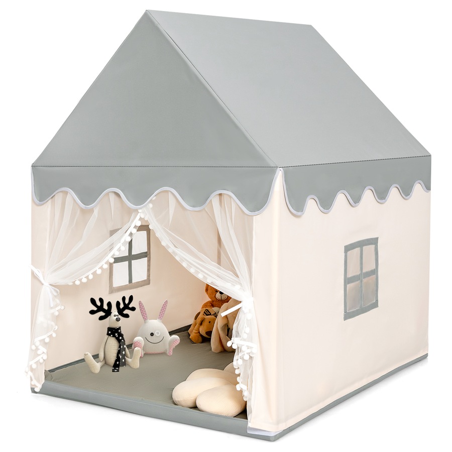 Costway Wood Play TentPlayhouse Large Princess Castle w/Washable Mat Indoor Gift, Beige