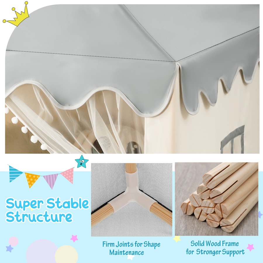 Costway Wood Play TentPlayhouse Large Princess Castle w/Washable Mat Indoor Gift, Beige