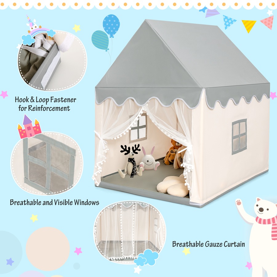 Costway Wood Play TentPlayhouse Large Princess Castle w/Washable Mat Indoor Gift, Beige