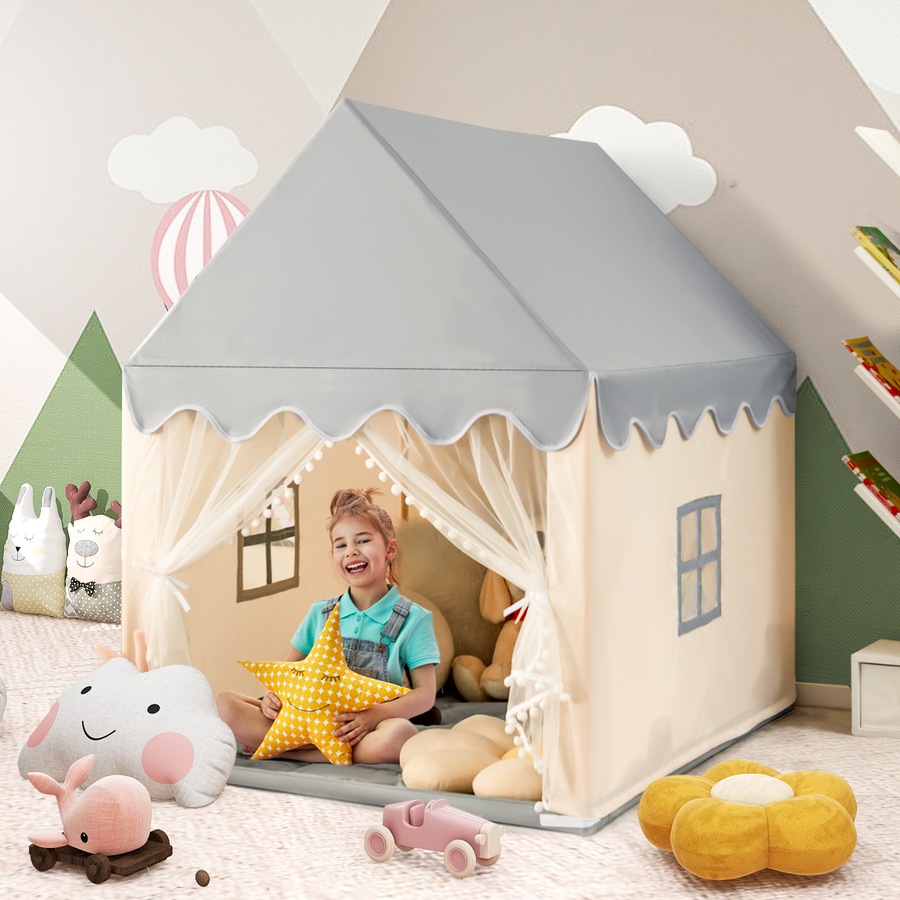 Costway Wood Play TentPlayhouse Large Princess Castle w/Washable Mat Indoor Gift, Beige