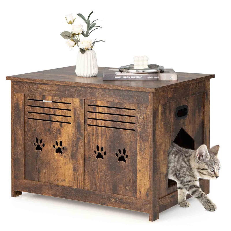 Buy Costway Wood Side Table Cat Flip House Kitten Litter Box Cabinet ...