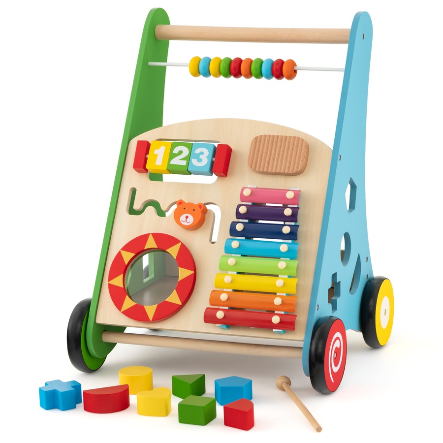 Costway Wooden Walker Push Walker Activity Center Toy w/Wheels Sit-to-Stand Learning Toy