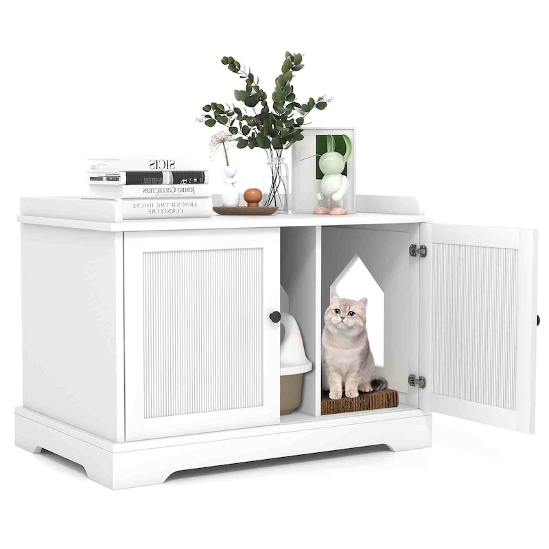 Buy Costway Wooden Cat Litter Box Enclosure Hidden Cabinet Cat House ...