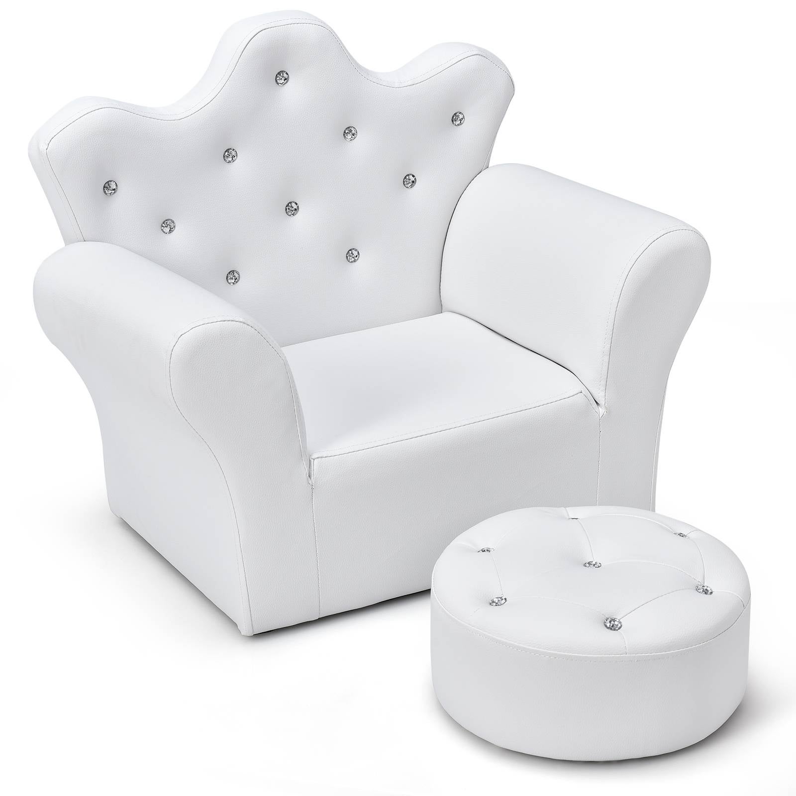Costway Crystal Princess Kids Chair PVC Sofa Lounge Upholstered Armchair Couch Home Furniture w/Ottoman Bedroom Living Room White