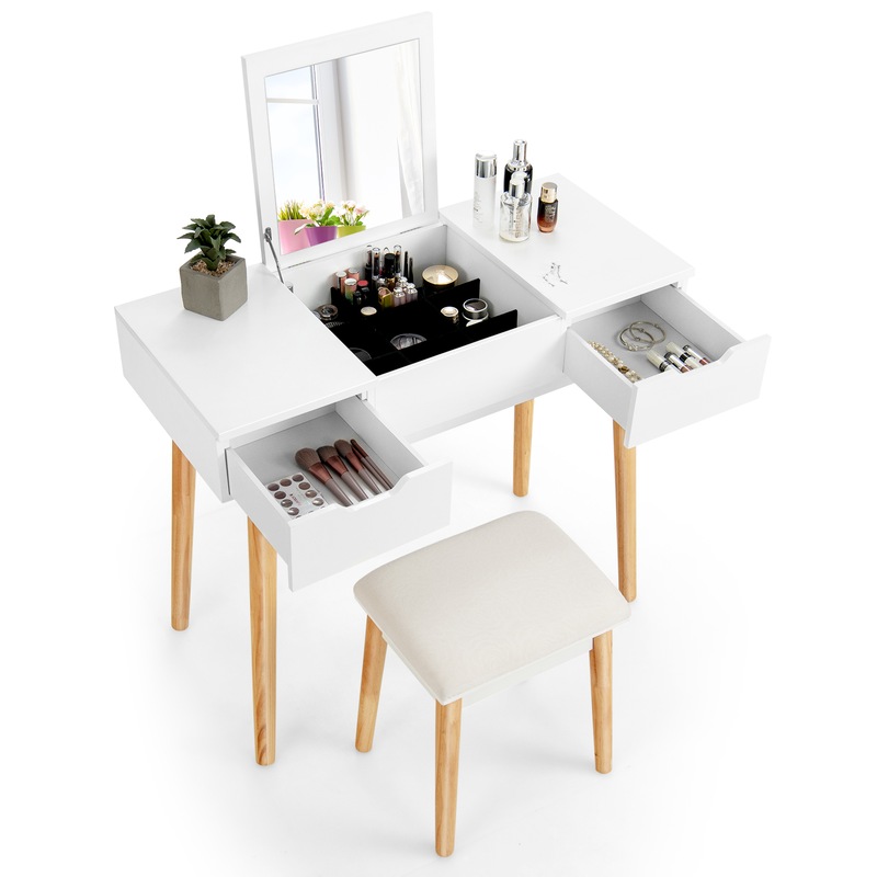 Costway Dressing Table w/FlipTop Mirror Makeup Vanity Table Stool Set