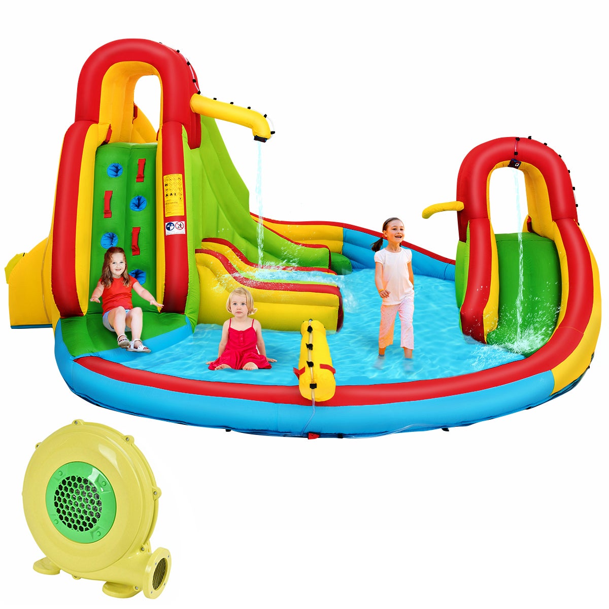 Costway 7-IN-1 Inflatable Water Slide, w/Air Blower & Double Slides, Jumping Castle, Bouncer House, Water Park Splash Pool Toy Swimming Outdoor