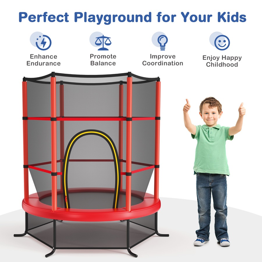 4.5ft Round Trampoline w/Enclosure Security Net Outdoor Jumping Red Gift