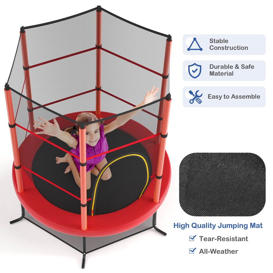 4.5ft Round Trampoline w/Enclosure Security Net Outdoor Jumping Red Gift