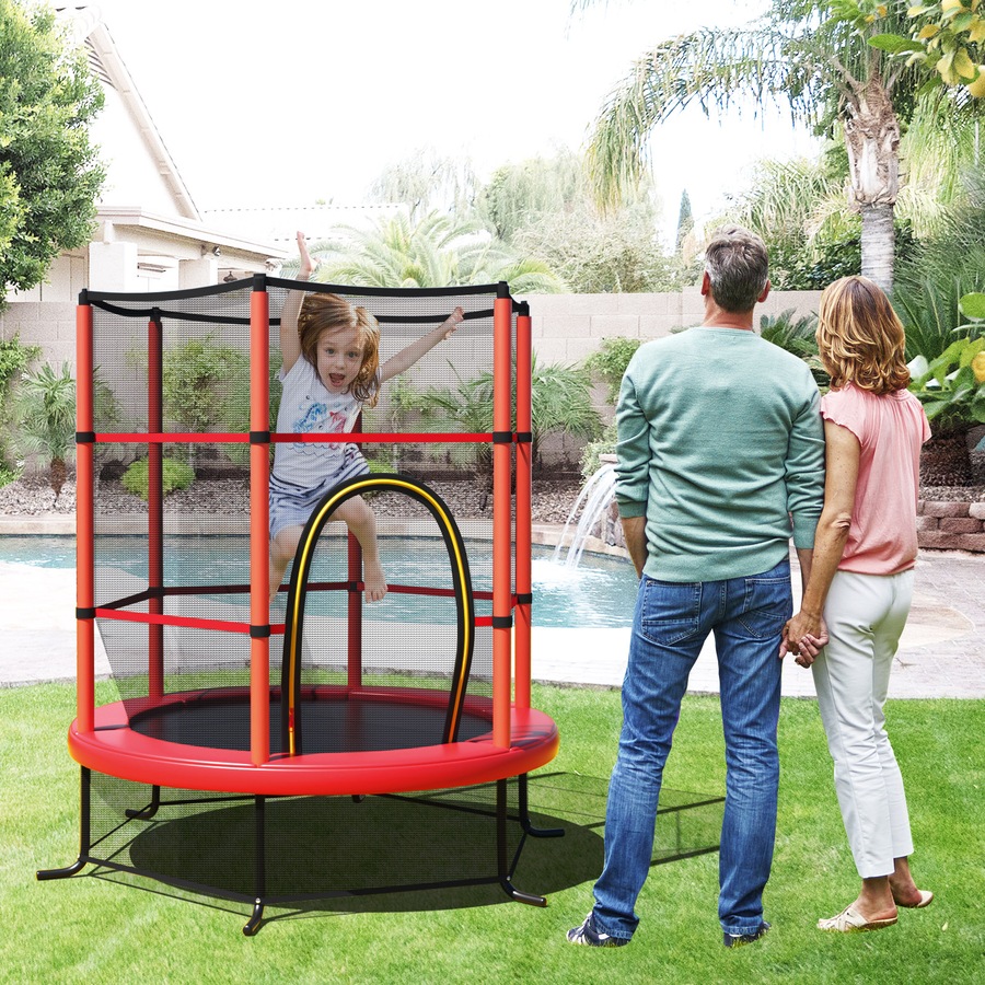 4.5ft Round Trampoline w/Enclosure Security Net Outdoor Jumping Red Gift