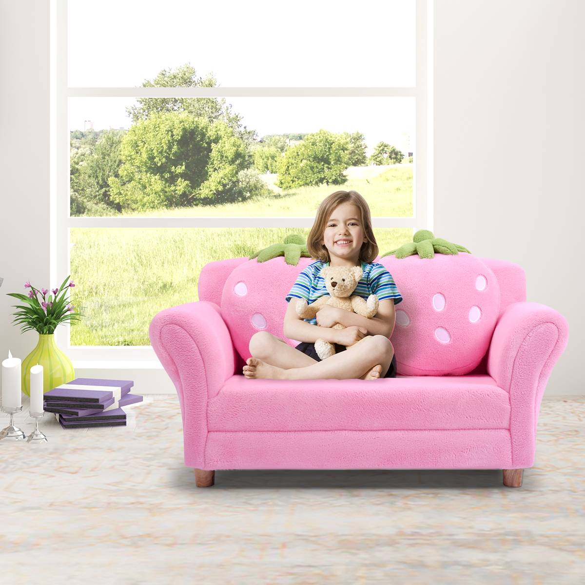 Buy Costway Kids Double Strawberry Sofa Chair Children Couch Lounge Upholstered Armchair Pink MyDeal