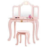 Costway Dressing Table Stool Mirror Set Princess Vanity Makeup Table Dresser w/Drawer Girls Birthday Gift