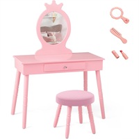 Costway Dressing Table Stool Set Wood Makeup Dresser Vanity Table w/Mirror & Drawer Princess Birthday Gift Pink