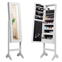 Costway Full Length Mirror Jewellery Cabinet w/Makeup Cosmetics Storage Wooden Jewelry Organiser Box White