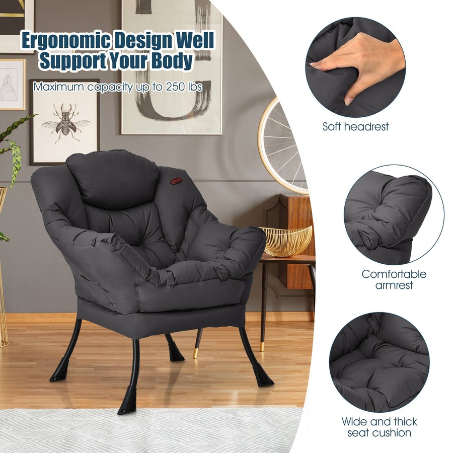 Costway Modern Armchair Upholstered Accent Chair Sofa Lounge Chair Couch w/Storage Bag Living Room Bedroom Balcony Grey