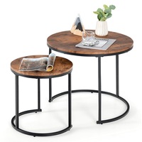 Costway 2PCS Nesting Coffee Table Industrial Round Sofa Bed Side Table w/Metal Frame Office Home Bedroom Brown