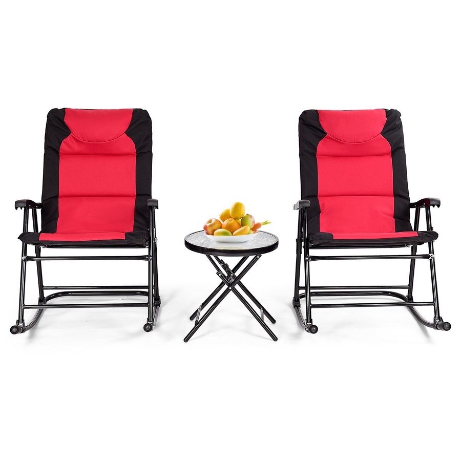 Costway Outdoor Rocking Chairs Set Patio Furniture Lounge Setting Glass Side Table Garden Bistro Yard Red