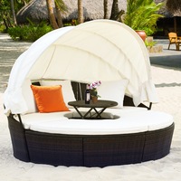 Costway Outdoor Sun Lounge Setting Day Bed Patio Furniture Rattan Sofa Bed Cushion w/Canopy Garden Balcony Poolside