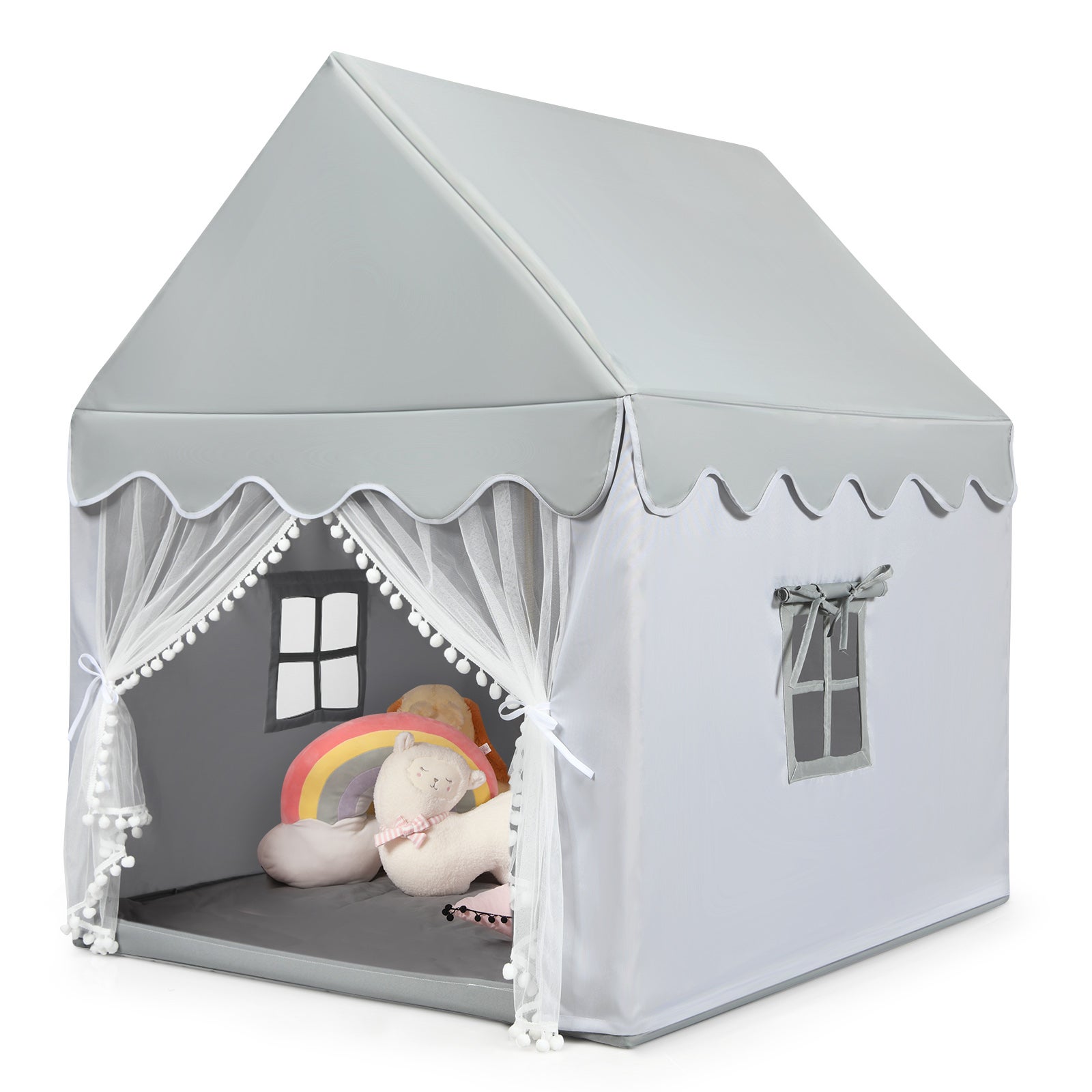 Costway Wood Kids Play house Fairy Play Tent Princess Castle Playhouse w/Cotton Mat, Indoor Boys & Girls, Xmas Birthday Gift