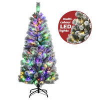 Costway 1.5M/5FT Pre Lit Christmas Hinged Snowy Xmas Tree Mixed Fluffy Tips w/LED Lights&Remote Office Party Xmas Home Decor