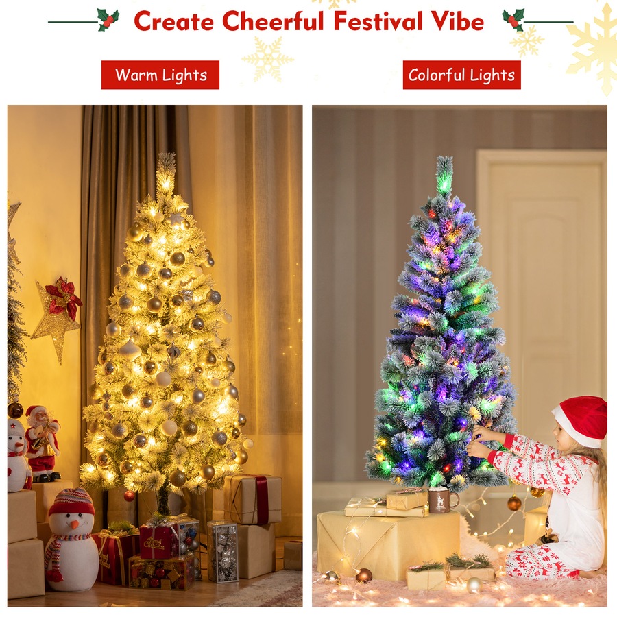 1.8M Pre Lit Christmas Snowy Xmas Tree Hinged Mixed Fluffy Tips w/LED Lights & Remote Control Office Party Xmas Home Decor