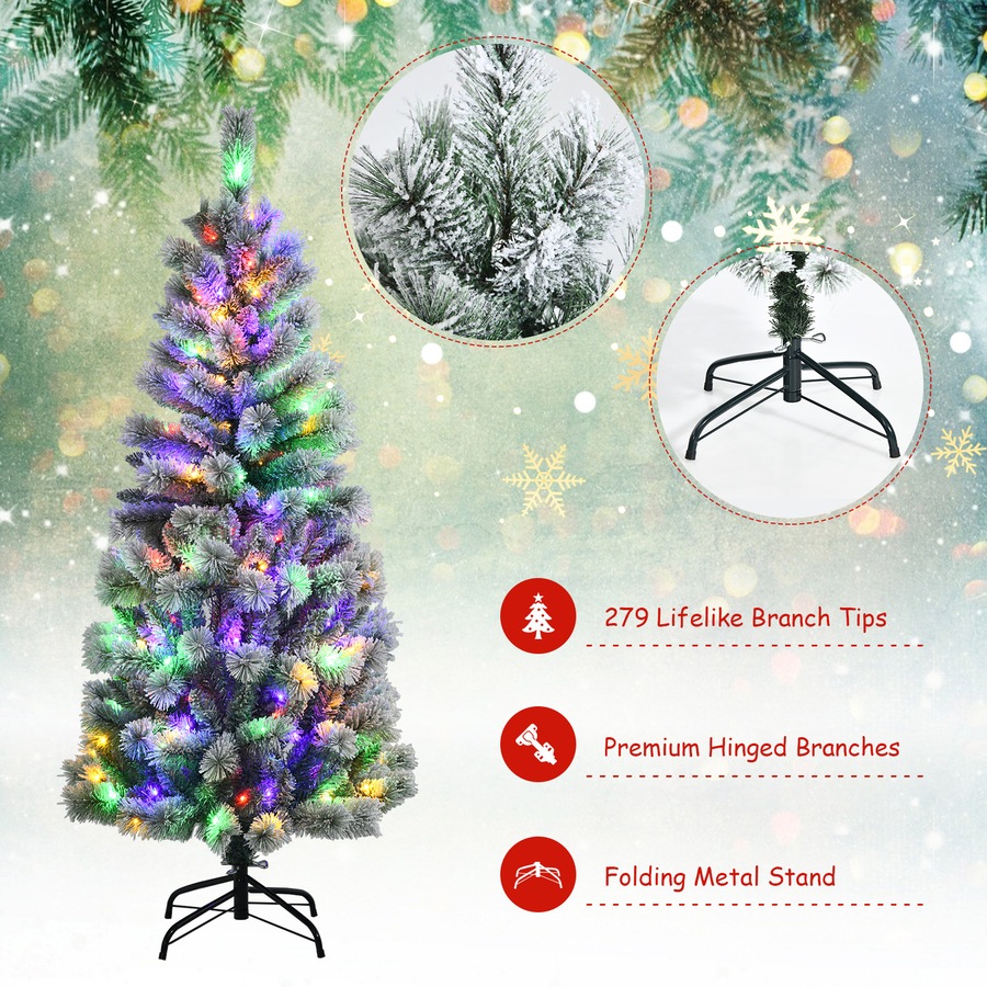 1.8M Pre Lit Christmas Snowy Xmas Tree Hinged Mixed Fluffy Tips w/LED Lights & Remote Control Office Party Xmas Home Decor