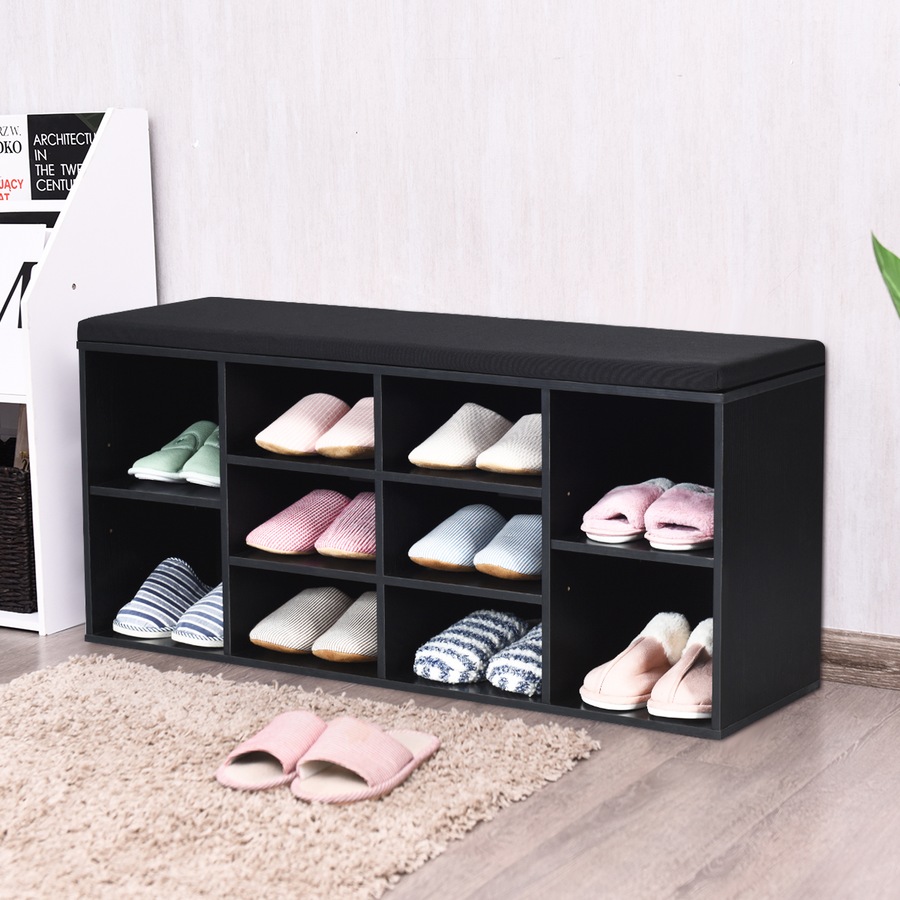 Costway Shoe Cabinet Bench Shoe Storage Rack Organizer Shelf Cupboard Box w/Padded Seat Hallway Furniture,Black