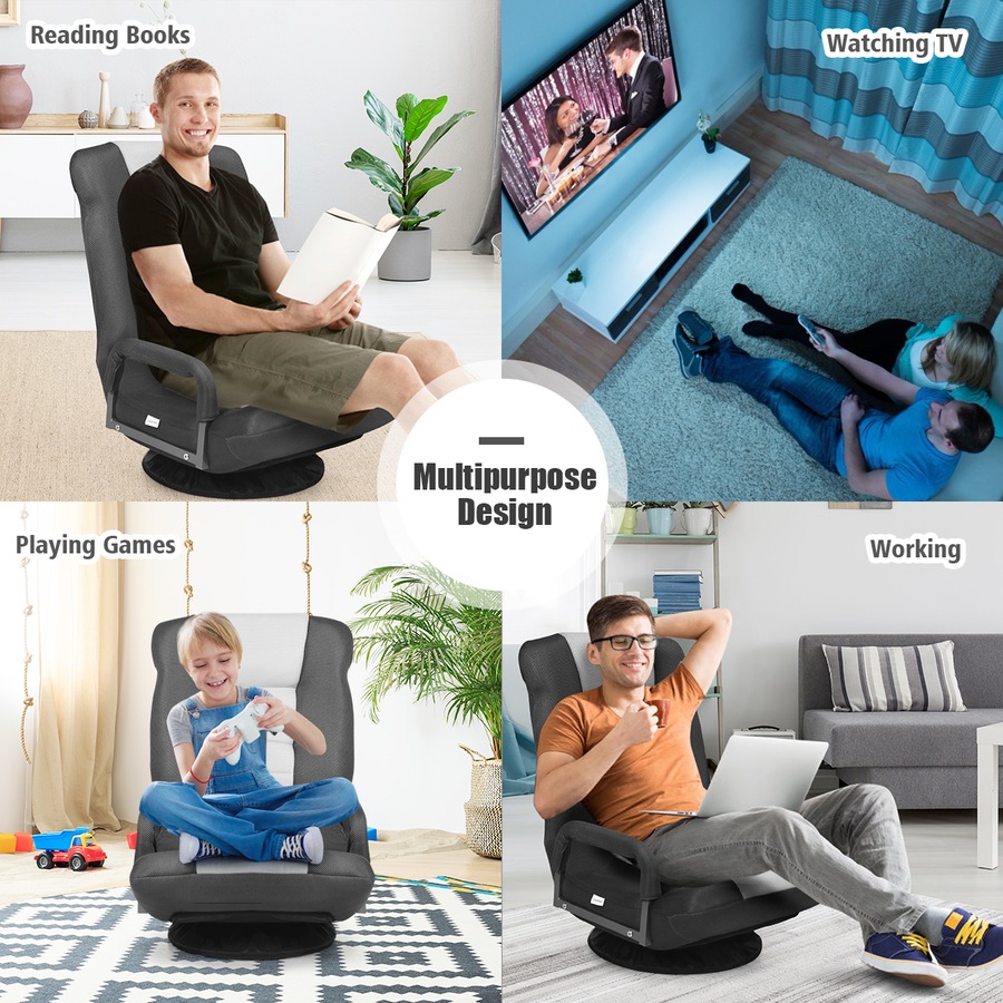 Costway Swivel Floor Sofa Lounge Folding Chair Adjustable Recliner Chaise Armchair Gaming Home Office,Grey