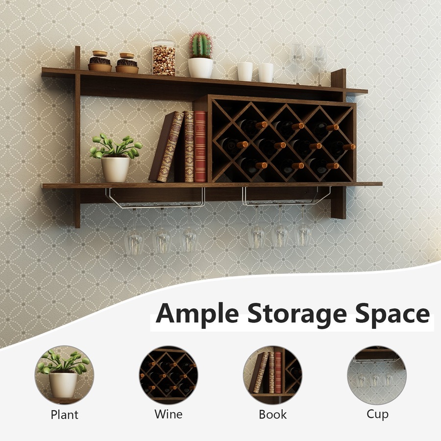 Buy Costway Wall Mounted 10 Bottle Rack w/Glass Rack Stacked Cellar ...